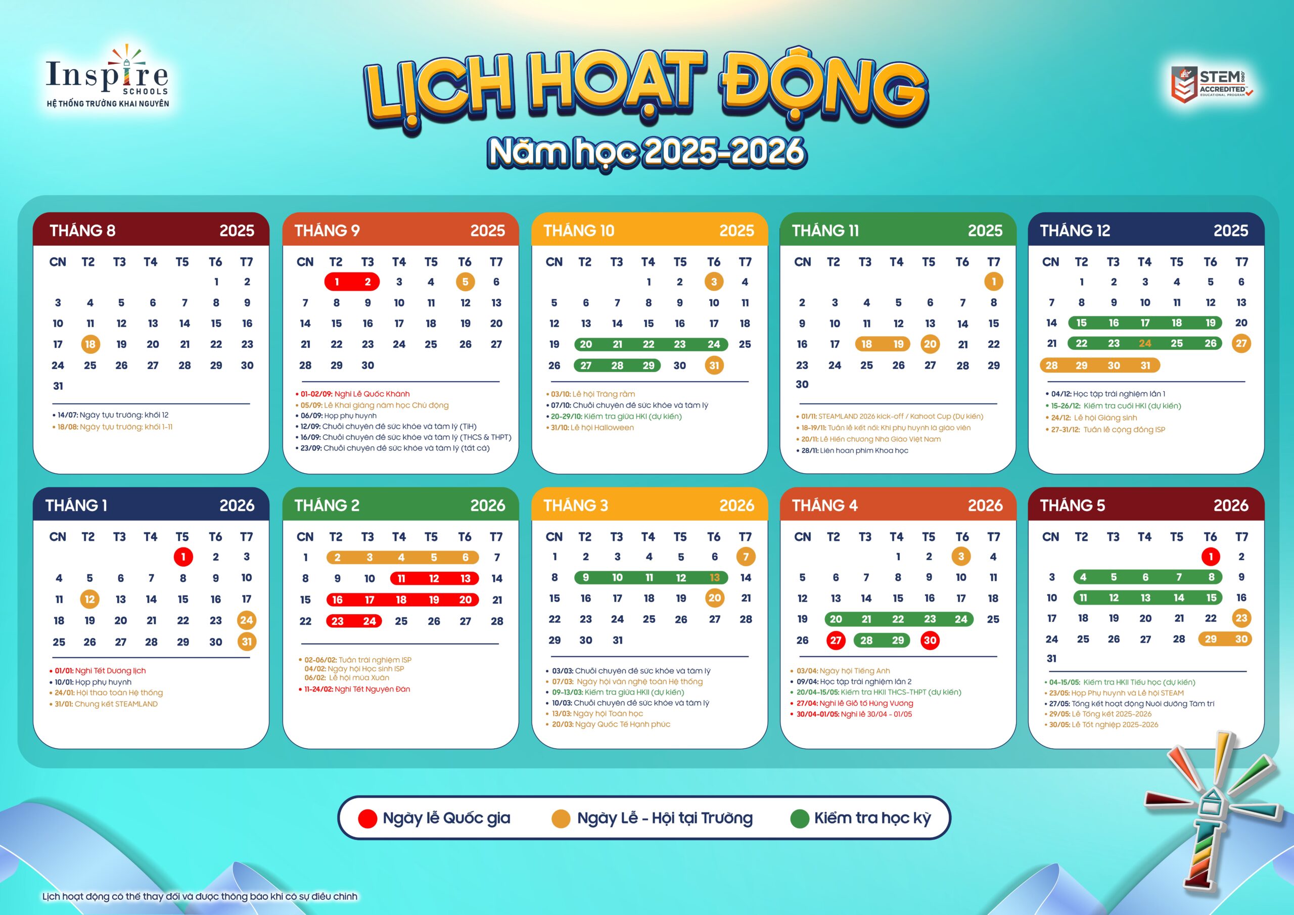 LỊCH HOẠT ĐỘNG NĂM HỌC CHỦ ĐỘNG 2025 - 2026
